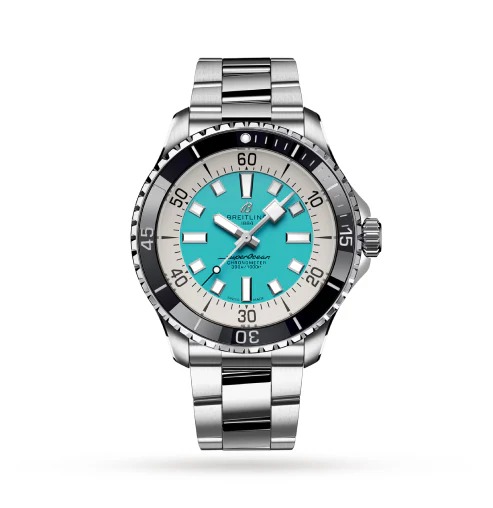 Breitling Superocean Automatic 44 Stainless Steel Turquoise Blue White Dial Watch 
